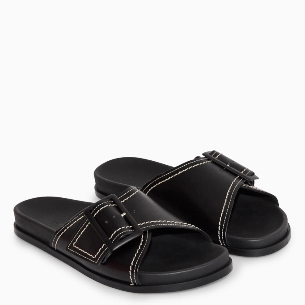 COS Contrast-Stitch Buckled Leather Slides